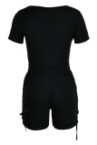 Black Fashion Casual Solid Bandage V Neck Short Sleeve Two Pieces