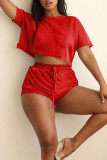 Red Casual Solid Patchwork See-through O Neck Short Sleeve Two Pieces