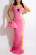 Pink Fashion Print Backless Letter Spaghetti Strap One Step Skirt Dresses
