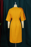 Yellow Fashion Casual Solid Bandage Patchwork V Neck Shirt Dress