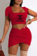 Red Fashion Casual Print Letter Square Collar Short Sleeve Two Pieces