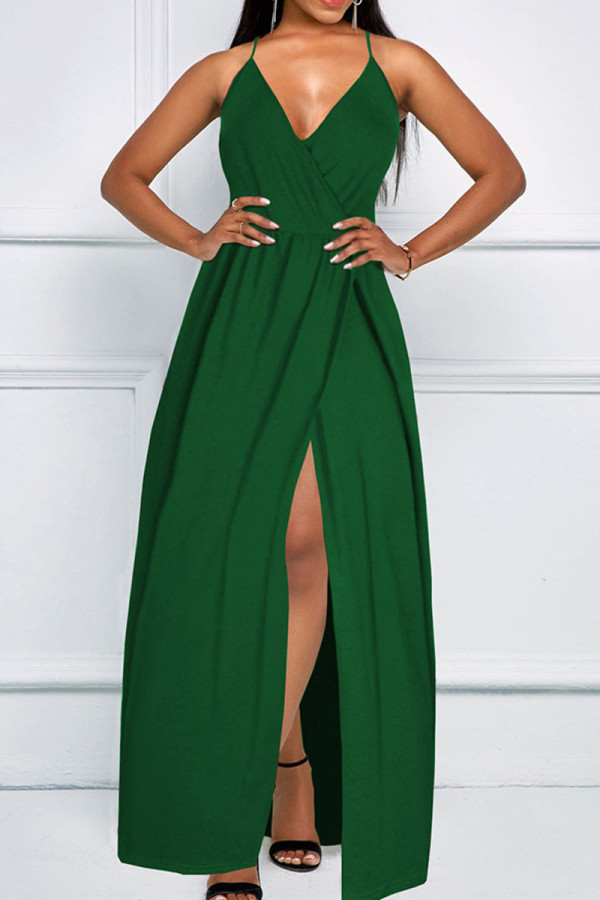Green Casual Solid Patchwork Spaghetti Strap Sling Dress Dresses