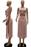Pink Sexy Solid Tassel U Neck Sleeveless Two Pieces