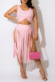 Pink Sexy Solid Tassel U Neck Sleeveless Two Pieces
