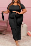 Pink Casual Solid Bandage Patchwork Slit O Neck Plus Size Two Pieces