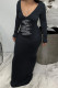 Black Fashion Sexy Print Letter V Neck One Step Skirt Dresses