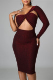 Burgundy Fashion Sexy Solid Hollowed Out Backless Oblique Collar Long Sleeve Dresses