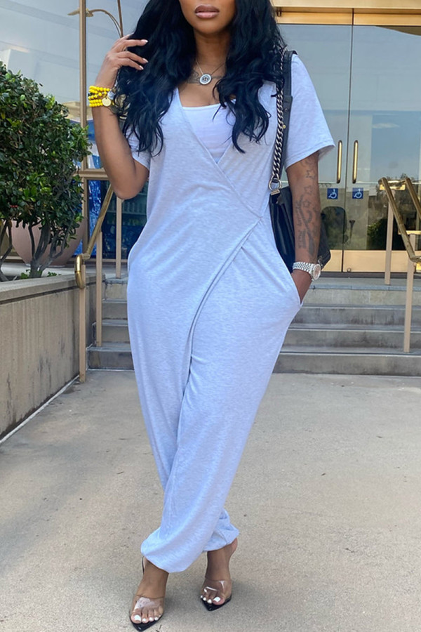Grey Fashion Casual Solid Patchwork V Neck Regular Jumpsuits