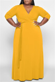 Orange Fashion Casual Solid Basic V Neck Long Dress Plus Size Dresses