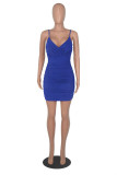 Blue Fashion Sexy Solid Patchwork Backless V Neck Sling Dress