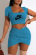 Baby Blue Fashion Casual Print Letter Square Collar Short Sleeve Two Pieces