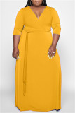 Orange Fashion Casual Solid Basic V Neck Long Dress Plus Size Dresses