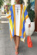 Yellow Fashion Casual Striped Print Asymmetrical O Neck Irregular Dress