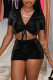 Black Fashion Casual Solid Draw String Frenulum V Neck Short Sleeve Two Pieces
