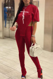 Pink Sexy Print Patchwork Asymmetrical O Neck Short Sleeve Two Pieces