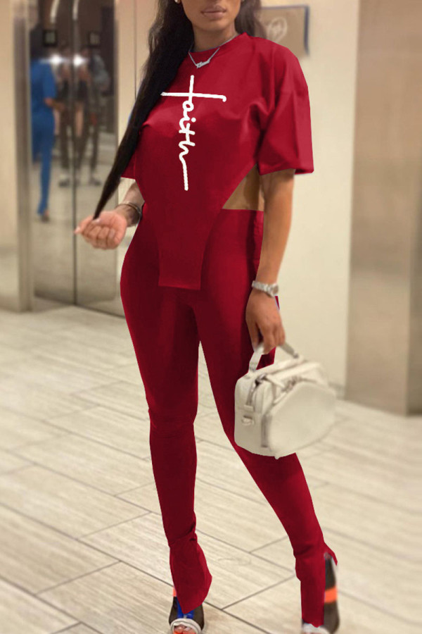 Burgundy Sexy Print Patchwork Asymmetrical O Neck Short Sleeve Two Pieces