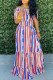 Orange Blue Casual Sweet Striped Print Patchwork Off the Shoulder Dresses