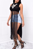 Black Fashion Sexy Solid Patchwork See-through Slit O Neck One Step Skirt Dresses
