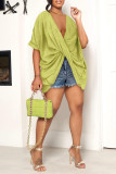 Green Yellow Casual Solid Patchwork Asymmetrical V Neck T-Shirts