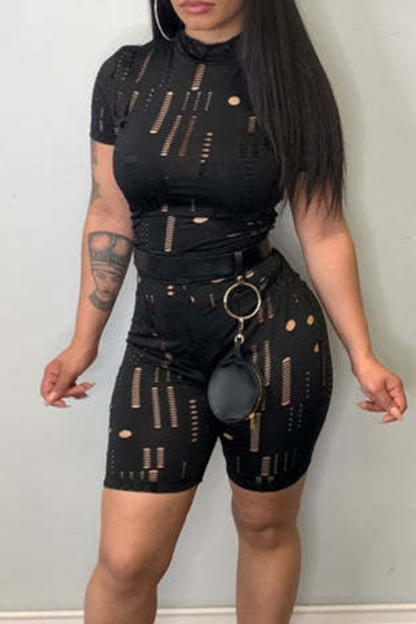 Black Sexy Solid Hollowed Out Patchwork Half A Turtleneck Short Sleeve Two Pieces