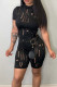 Black Sexy Solid Hollowed Out Patchwork Half A Turtleneck Short Sleeve Two Pieces