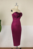 Burgundy Fashion Sexy Solid Patchwork Backless With Bow Strapless Evening Dress