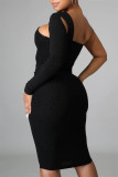 Burgundy Fashion Sexy Solid Hollowed Out Backless Oblique Collar Long Sleeve Dresses