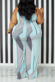 Baby Blue Casual Print Patchwork Spaghetti Strap Plus Size Jumpsuits