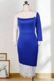 Blue Fashion Sexy Patchwork Lace Hollowed Out O Neck Long Sleeve Dresses