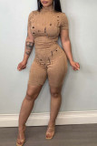 Camel Sexy Solid Hollowed Out Patchwork Half A Turtleneck Short Sleeve Two Pieces