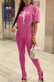 Pink Sexy Print Patchwork Asymmetrical O Neck Short Sleeve Two Pieces