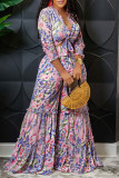 Blue Pink Sweet Vacation Print Bandage Patchwork Stringy Selvedge V Neck Long Sleeve Two Pieces