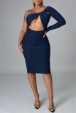 Burgundy Fashion Sexy Solid Hollowed Out Backless Oblique Collar Long Sleeve Dresses