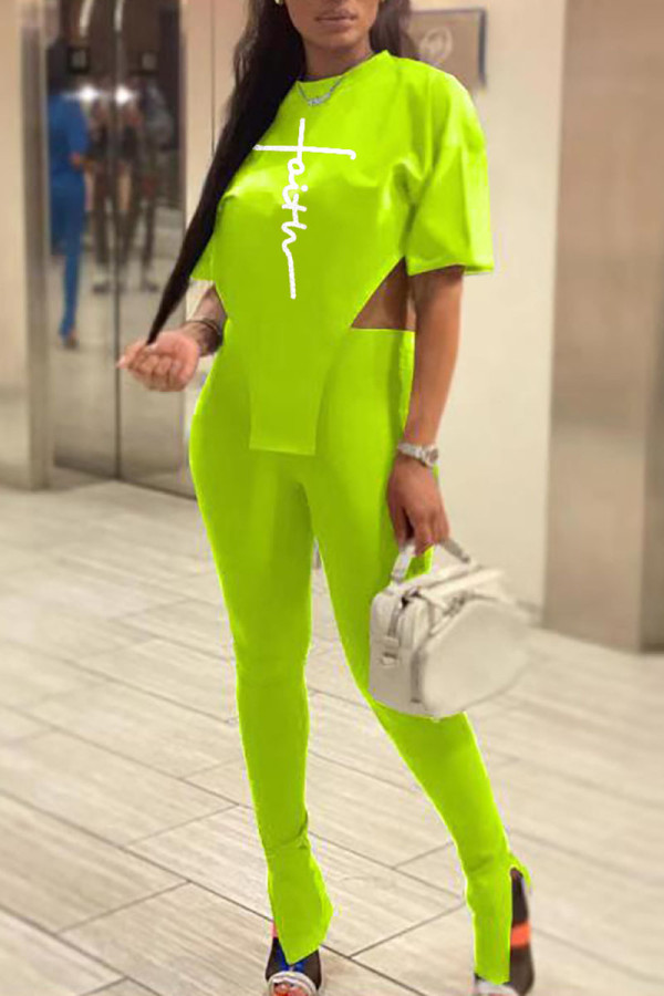 Green Sexy Print Patchwork Asymmetrical O Neck Short Sleeve Two Pieces