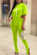 Green Sexy Print Patchwork Asymmetrical O Neck Short Sleeve Two Pieces
