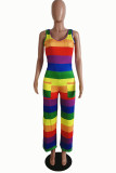 Colour Casual Striped Print Patchwork U Neck Straight Jumpsuits