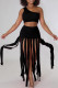 Black Sexy Solid Tassel Patchwork Oblique Collar Two Pieces