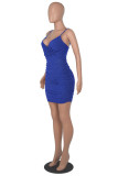 Blue Fashion Sexy Solid Patchwork Backless V Neck Sling Dress