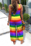 Colour Casual Striped Print Patchwork U Neck Straight Jumpsuits