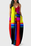 Red Yellow Fashion Sexy Print Backless Spaghetti Strap Long Dress