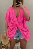 Pink Casual Solid Patchwork Asymmetrical V Neck T-Shirts