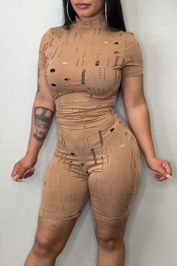 Camel Sexy Solid Hollowed Out Patchwork Half A Turtleneck Short Sleeve Two Pieces