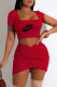Red Fashion Casual Print Letter Square Collar Short Sleeve Two Pieces