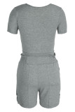Grey Fashion Casual Solid Bandage V Neck Short Sleeve Two Pieces