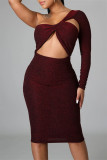 Burgundy Fashion Sexy Solid Hollowed Out Backless Oblique Collar Long Sleeve Dresses