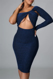 Burgundy Fashion Sexy Solid Hollowed Out Backless Oblique Collar Long Sleeve Dresses