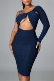 Burgundy Fashion Sexy Solid Hollowed Out Backless Oblique Collar Long Sleeve Dresses