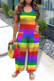 Colour Casual Striped Print Patchwork U Neck Straight Jumpsuits