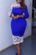 Blue Fashion Sexy Patchwork Lace Hollowed Out O Neck Long Sleeve Dresses