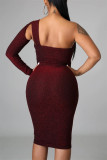 Burgundy Fashion Sexy Solid Hollowed Out Backless Oblique Collar Long Sleeve Dresses